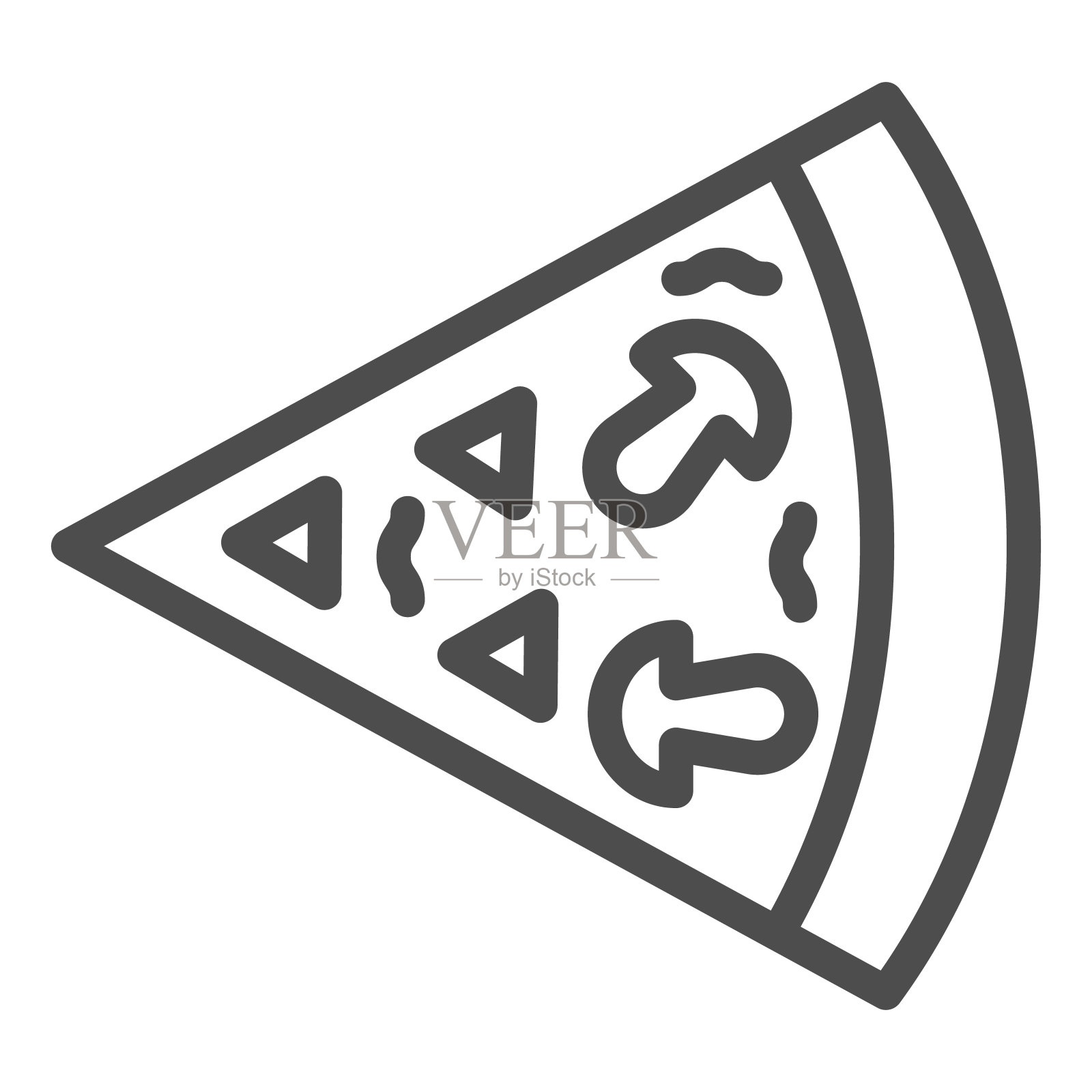 蘑菇披萨切片线图标。一块小圆面包，食物部分有蘑菇符号，白色背景上有轮廓式象形文字。面包房标识的移动概念和网页设计。矢量图形。插画图片素材