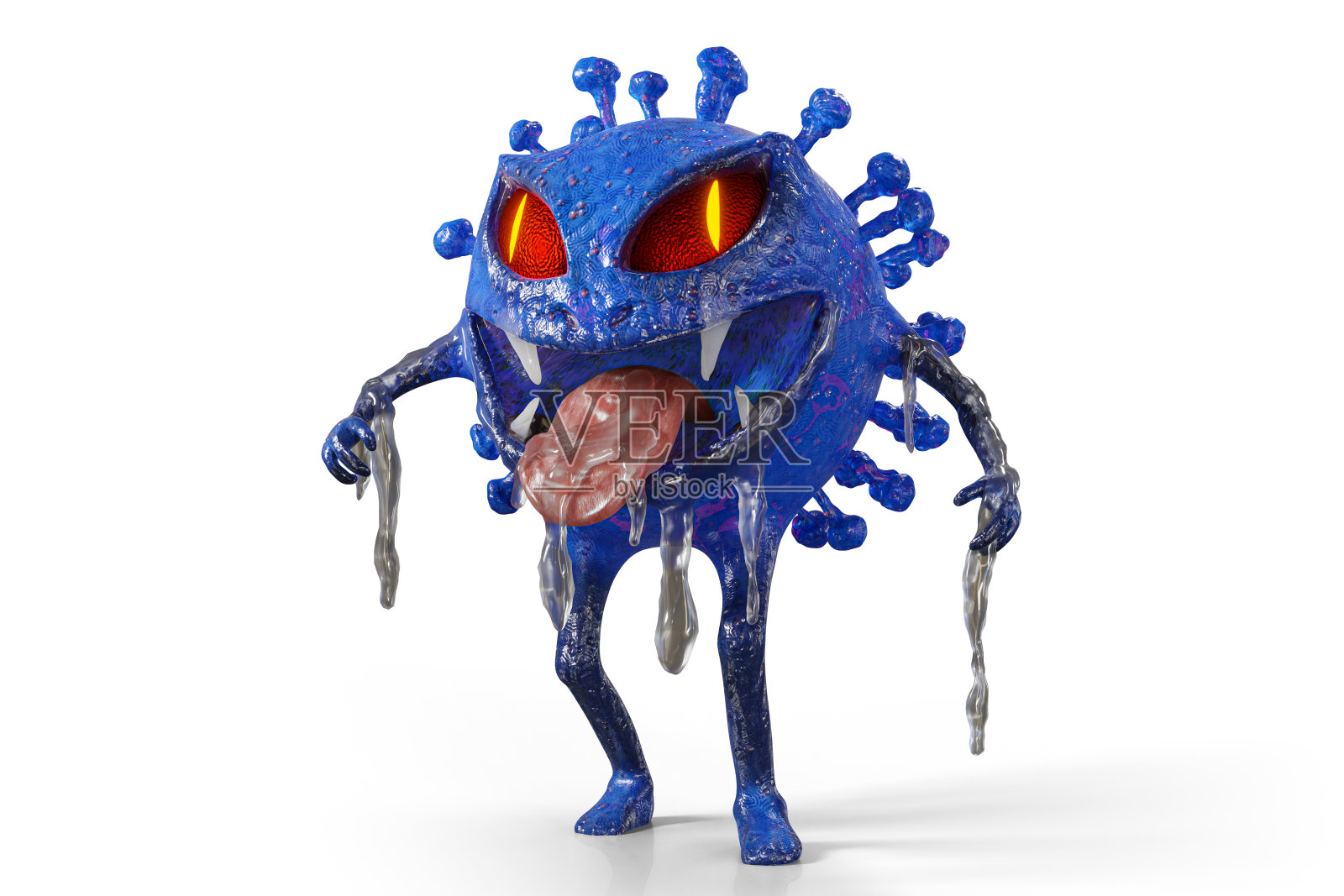 Covid-19或冠状病毒细胞怪物，3d人物插图渲染，在白色背景上与剪切路径隔离。照片摄影图片