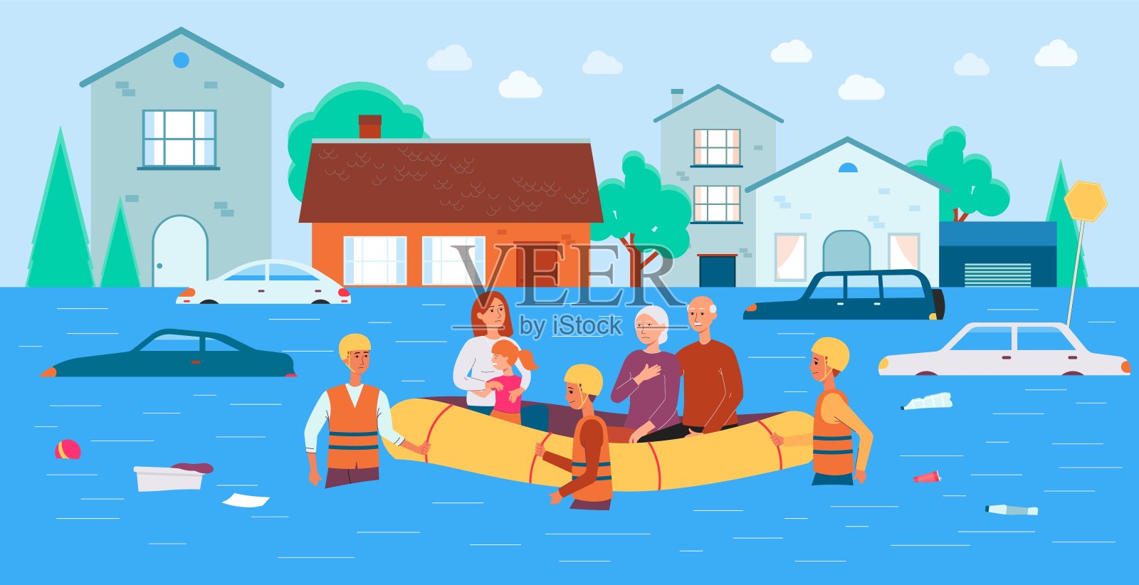 洪水救援横幅-卡通家庭在船上被自然灾害救援队拯救插画图片素材