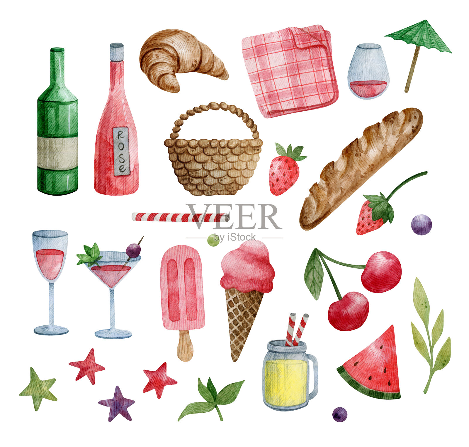 一套水彩手绘插图的夏季主题。野餐套餐-葡萄酒，杯子，篮子，柠檬水，格子，水果，冰淇淋，树叶，浆果。插画图片素材