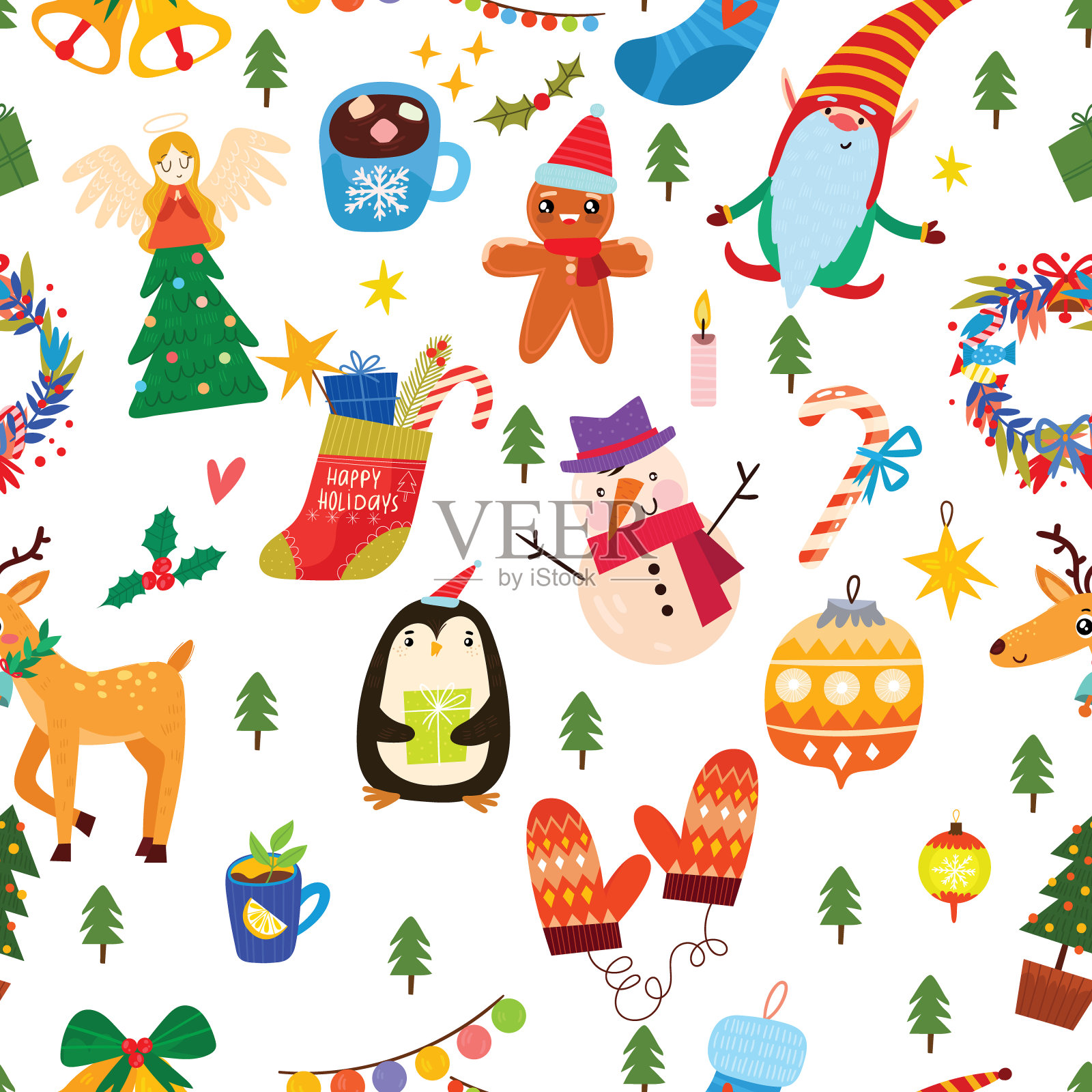 无缝模式的圣诞节与可爱的动物和圣诞元素。漂亮的图案，豪华的礼物包装纸，t恤，贺卡插画图片素材