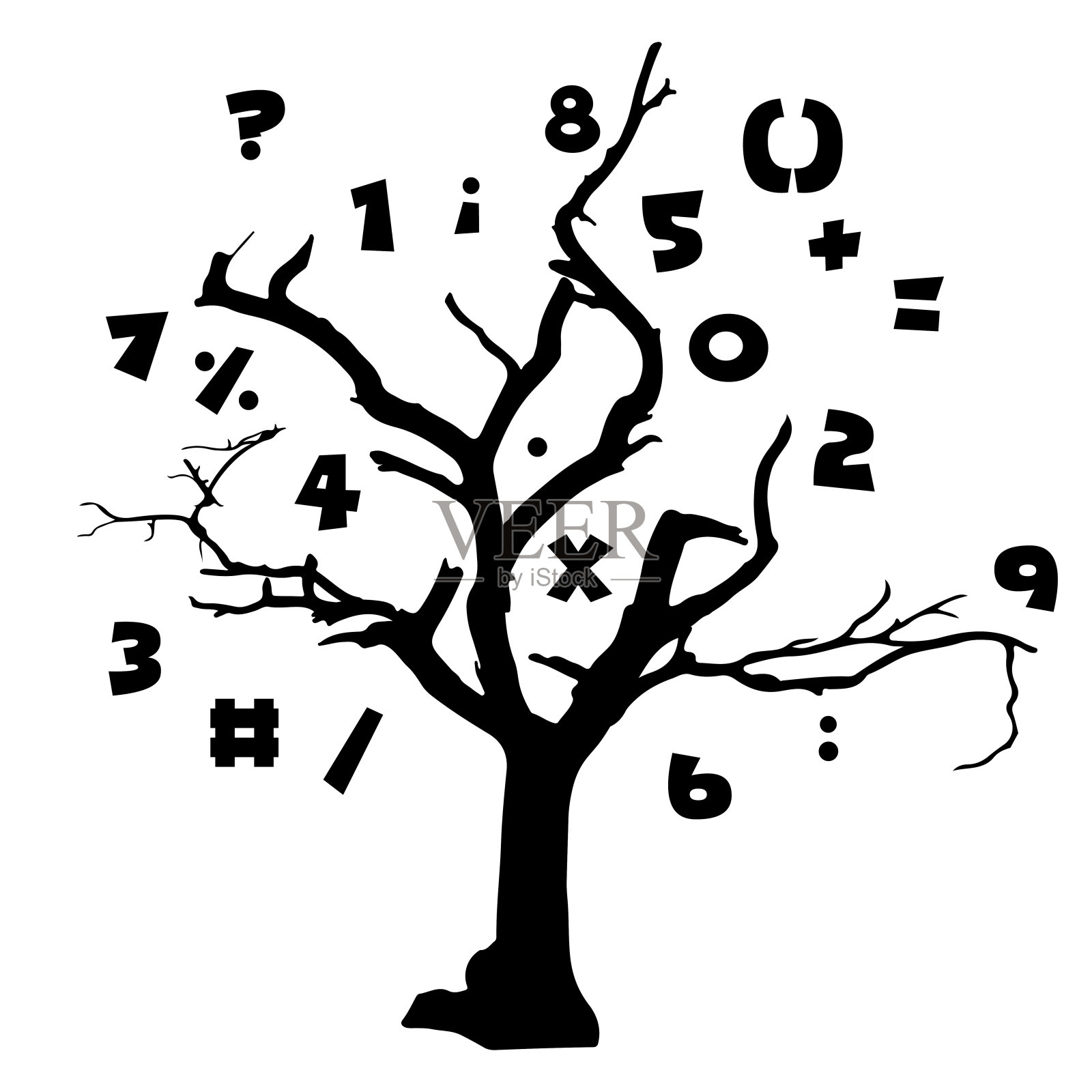 抽象的黑树与数学数字隔离在白色背景。插图设计元素图片