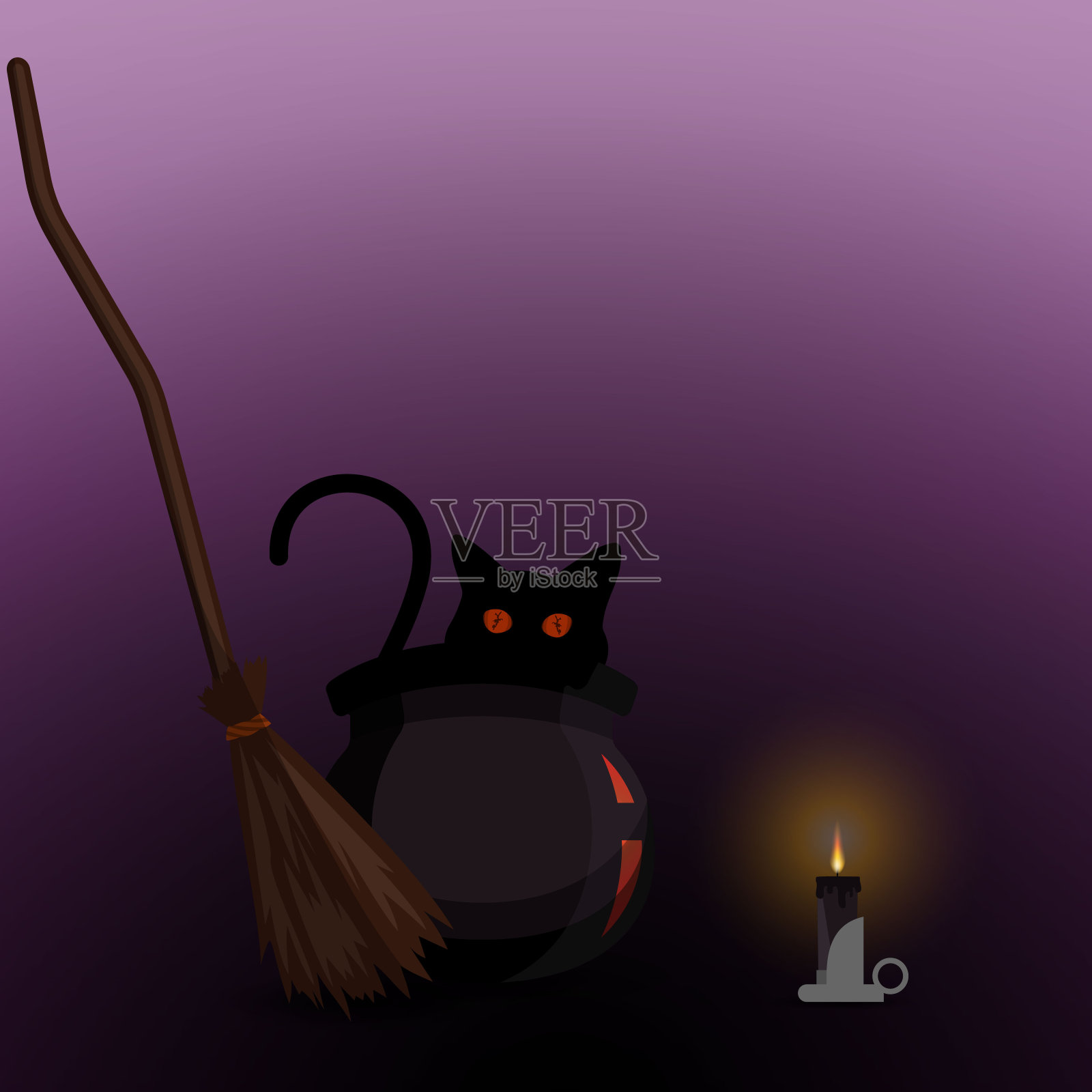 万圣节动机黑女巫猫在坩埚与扫帚和蜡烛插画图片素材