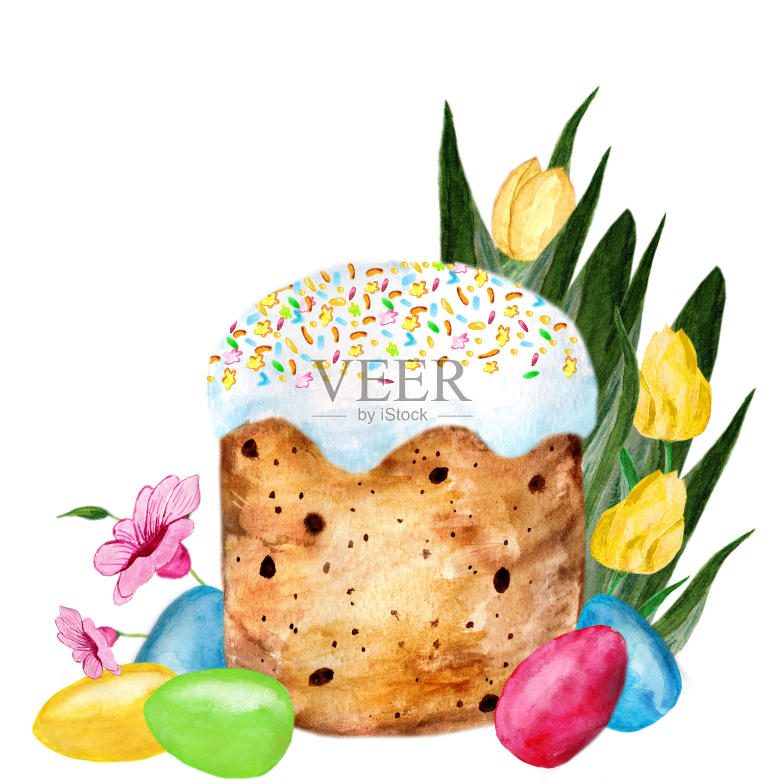 复活节快乐卡片的水彩画，可爱的复活节蛋糕，彩色的鸡蛋，黄色和粉红色的花在白色的背景。插画图片素材