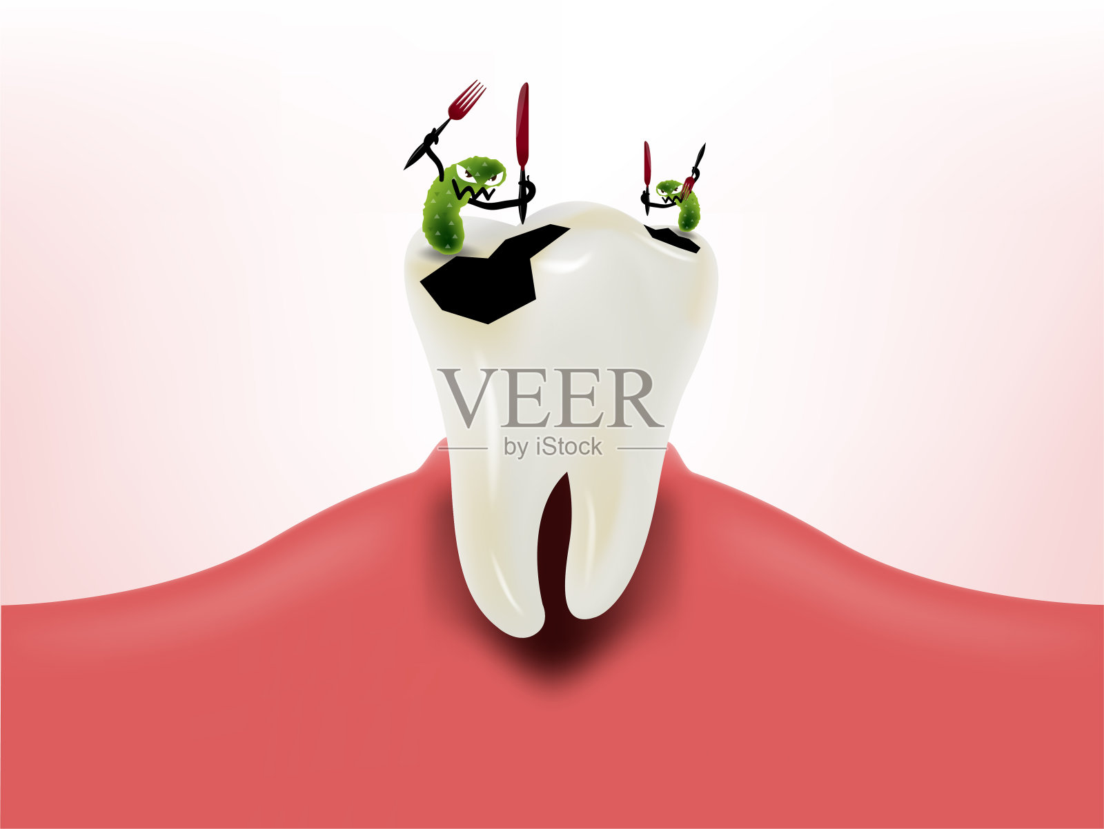 平面设计牙龈上的细菌吃牙，牙齿健康设计理念，蛀牙插画图片素材