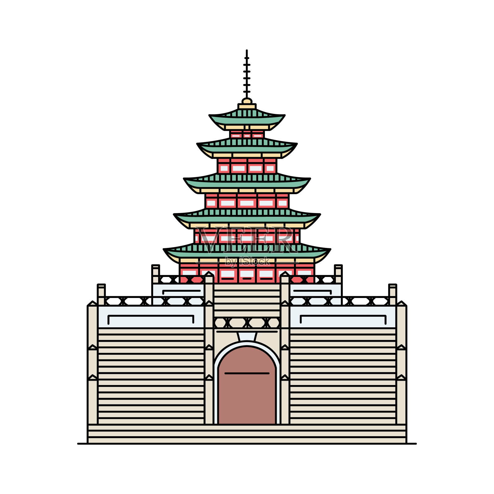 韩国著名宝塔图标,素描卡通矢量插图孤立插画图片素材