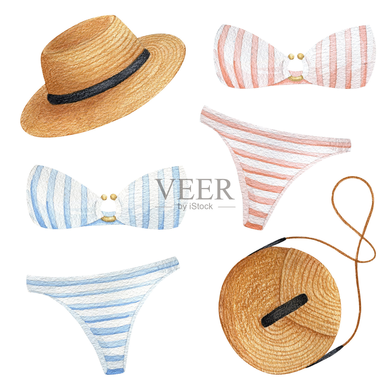 泳装，内裤，胸罩，草包和帽子-海滩设置孤立在一个白色的背景。插画图片素材