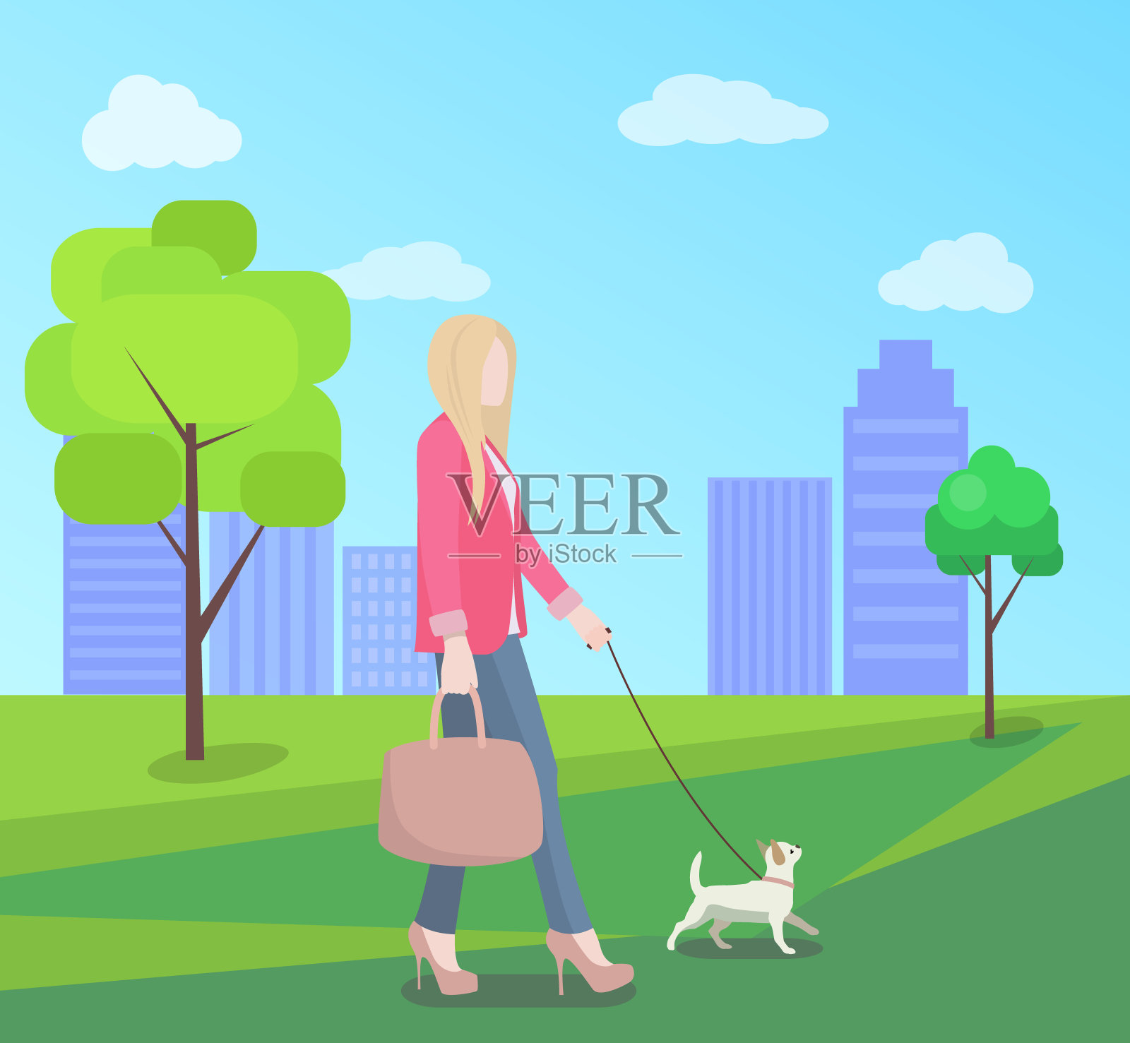 时髦的年轻女人在公园里和小狗散步插画图片素材