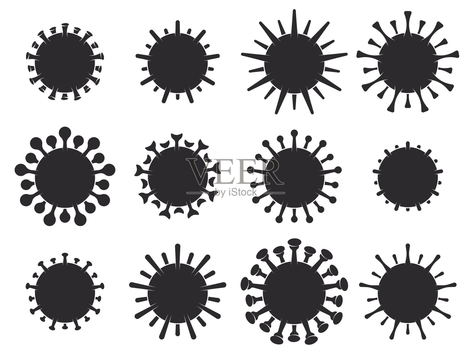 生物病毒图标集。冠状病毒COVID-19轮廓符号孤立在白色背景。矢量图插画图片素材