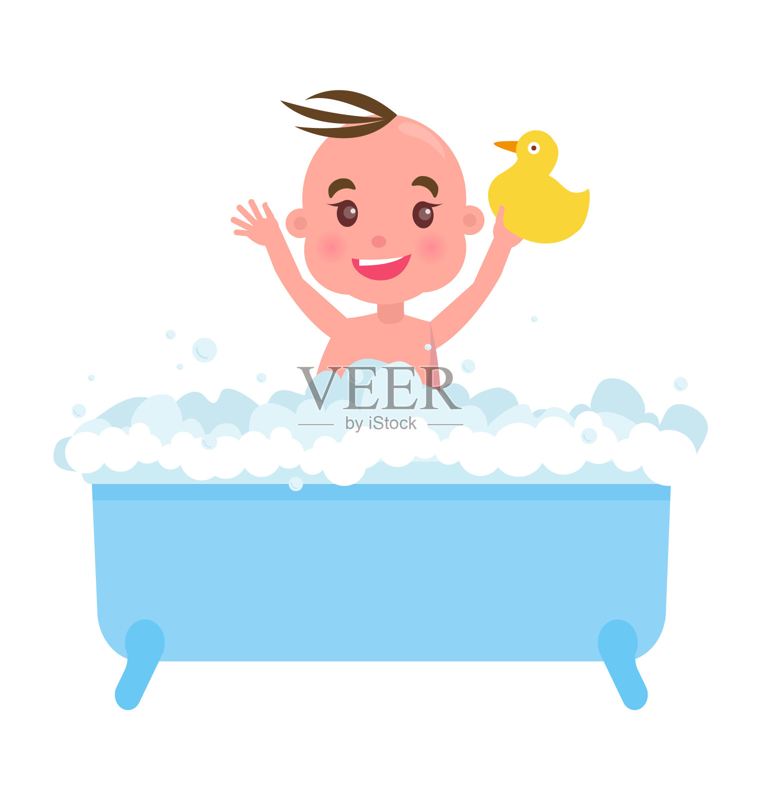 快乐的小男孩在蓝色浴与泡沫和鸭子插画图片素材