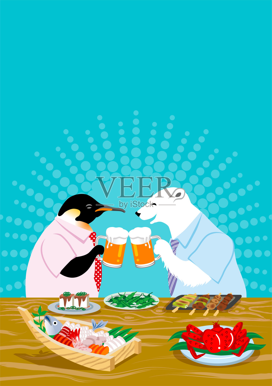 北极熊和企鹅在日本酒吧里喝啤酒插画图片素材