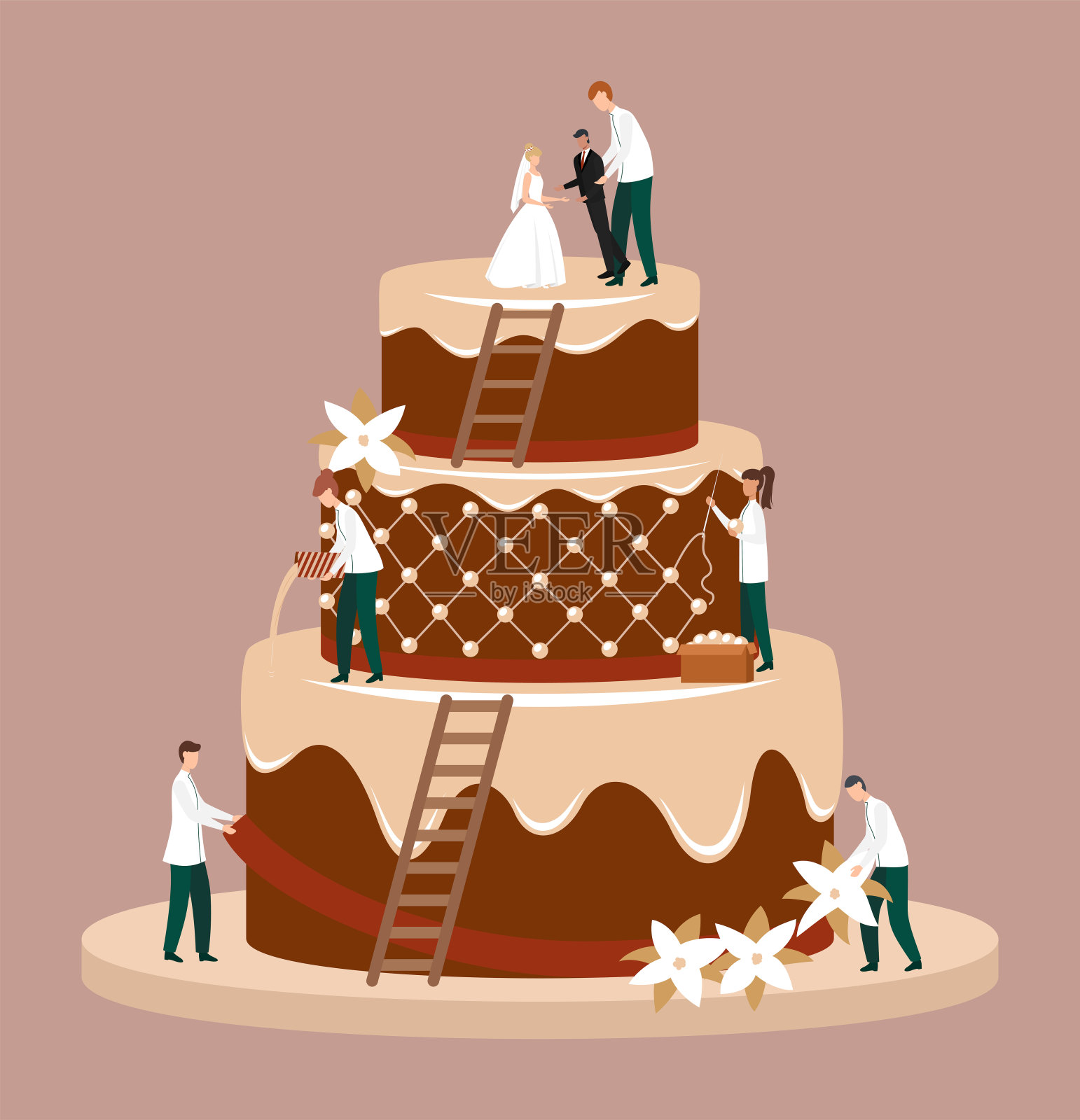 卡通色彩人物人物婚礼蛋糕概念。向量设计元素图片