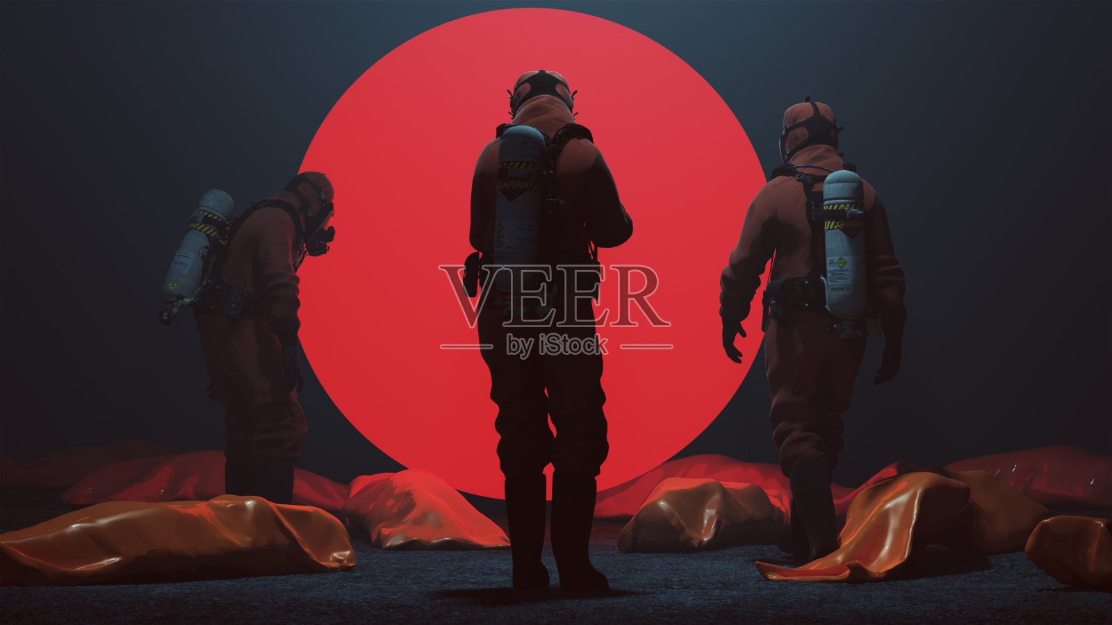 3个穿着防护服的人正在检查装尸袋，一个大的红色球体在雾蒙蒙的虚空中插画图片素材