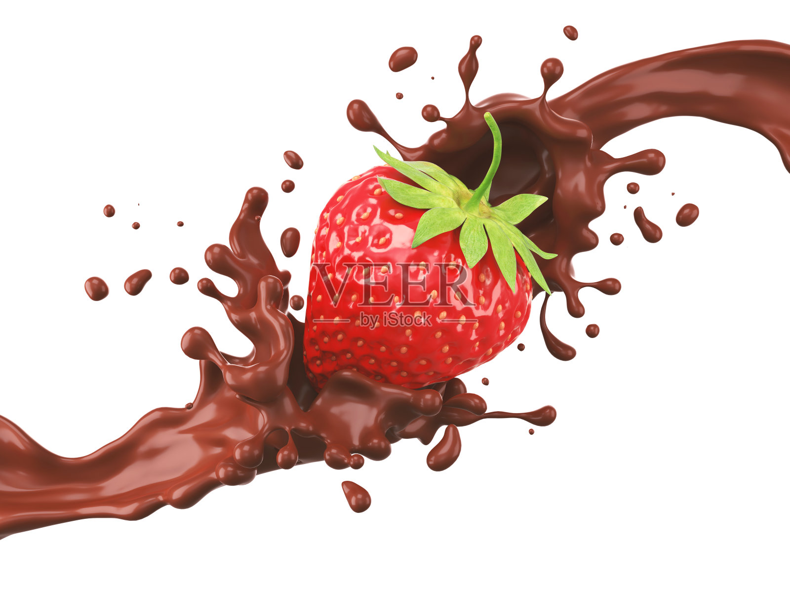 草莓浸在巧克力飞溅孤立在白色背景。插画图片素材