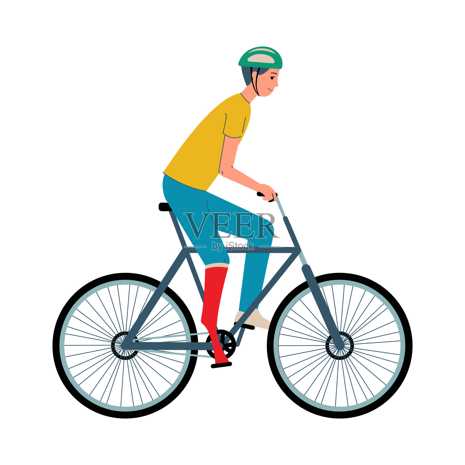 残奥会男性残疾人运动员用假肢卡通人物骑自行车，平面矢量插图孤立。设计元素图片