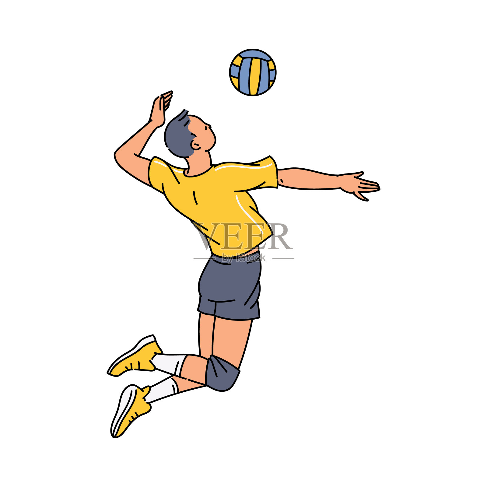 排球运动员男子跳跃发球草图矢量插图孤立。插画图片素材
