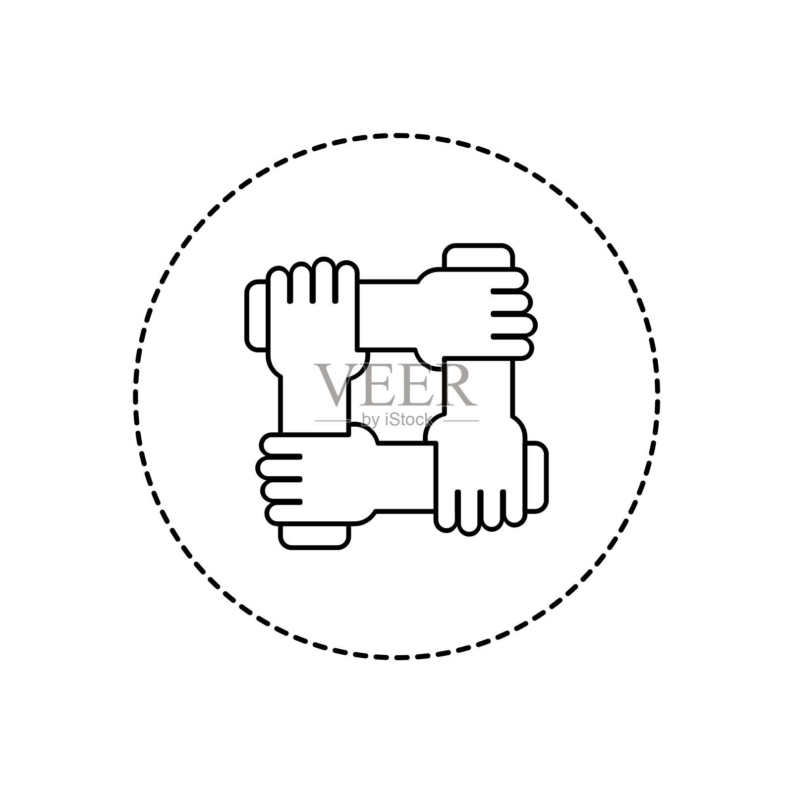 群控线图标在一个圆圈中。四只手牵在一起。图标素材