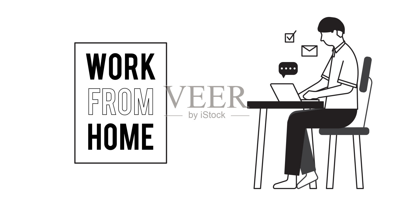 居家办公在家里工作。在家工作。在家和团队聊天。平的图标设计。工作空间。插画图片素材