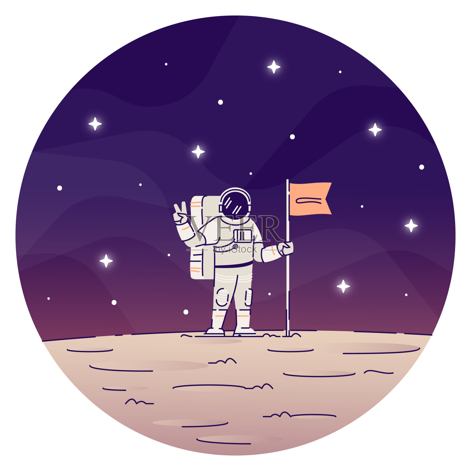 宇航员在月球平面上插旗的概念图标。男宇航员穿着太空服，用手贴做和平手势。行星着陆孤立的卡通插图在白色的背景插画图片素材
