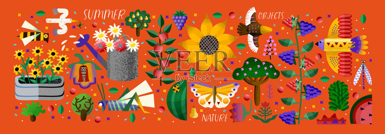 夏天的时间!矢量可爱的插图盆花，向日葵，甘菊，喷壶，抽象的鸟，蜜蜂，蝴蝶，水果，树木，植物，孤立的对象。卡片、海报或明信片的绘图插画图片素材