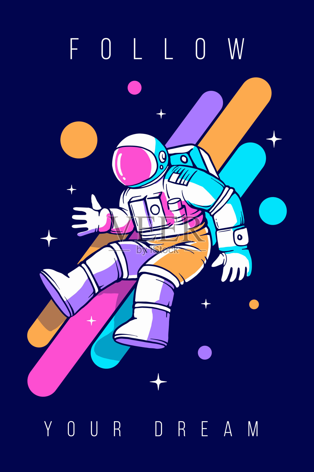 宇航员穿着太空服探索外太空的矢量时尚插画，用彩色线条。宇航员在黑暗的星空背景下进行太空行走。插画图片素材