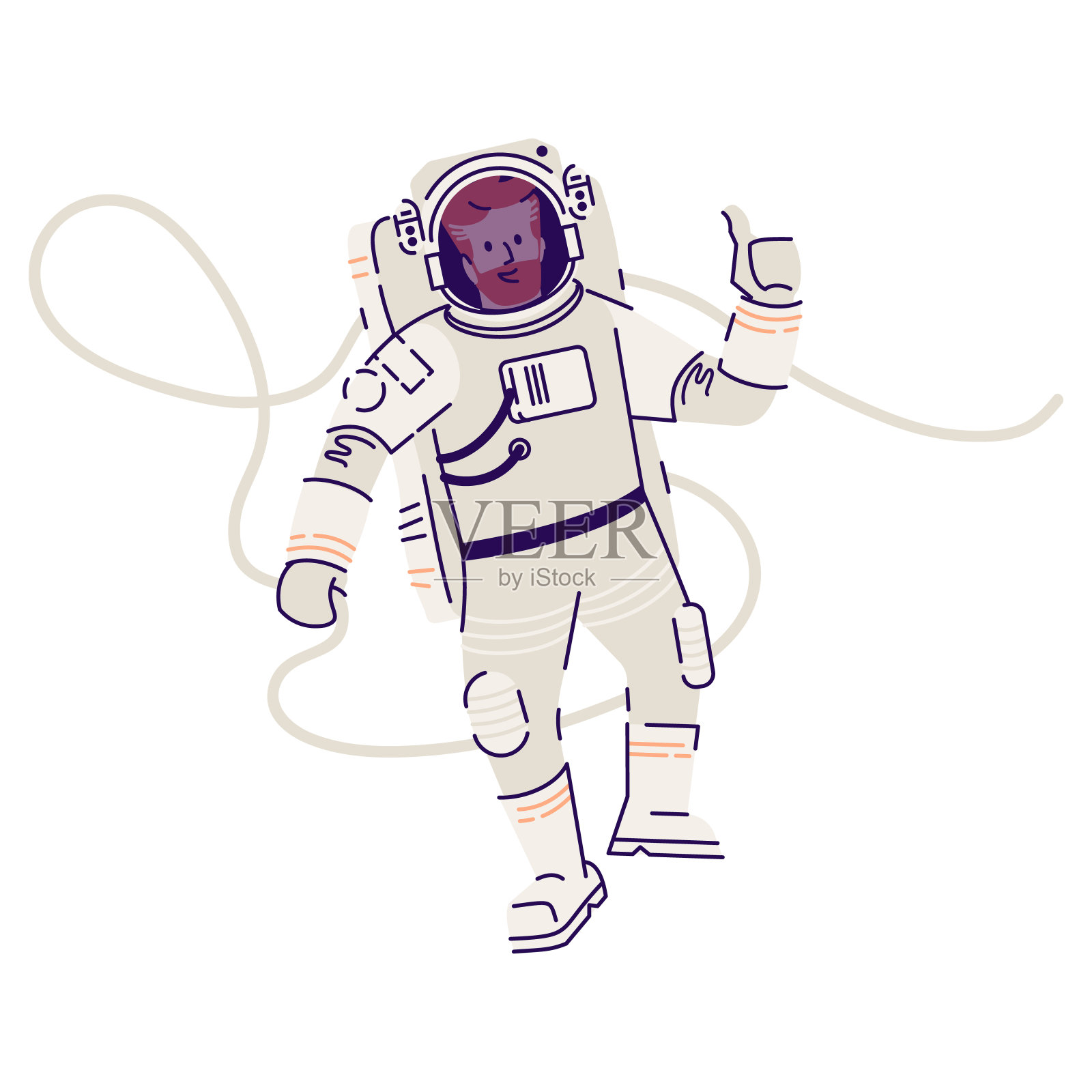 宇航员在太空服浮动平面矢量插图。男性宇航员，太空旅行者在零重力下飞行，在白色背景上显示ok标志孤立的卡通人物。宇宙的使命插画图片素材
