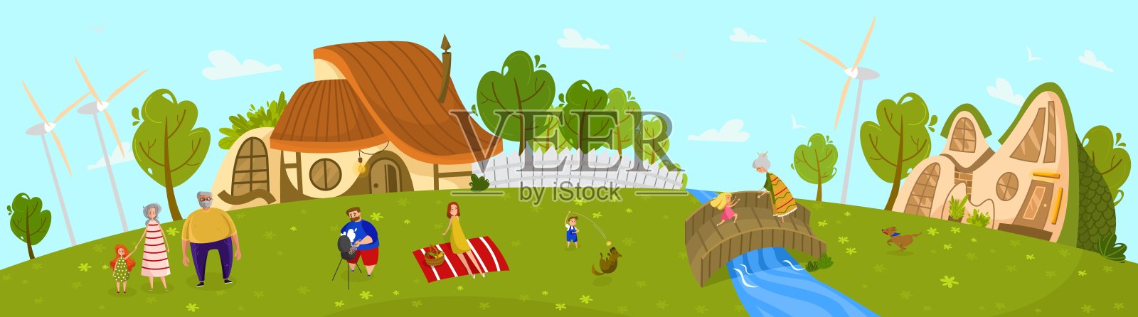 幸福家庭住在乡村，夏日户外野餐，人矢插图插画图片素材