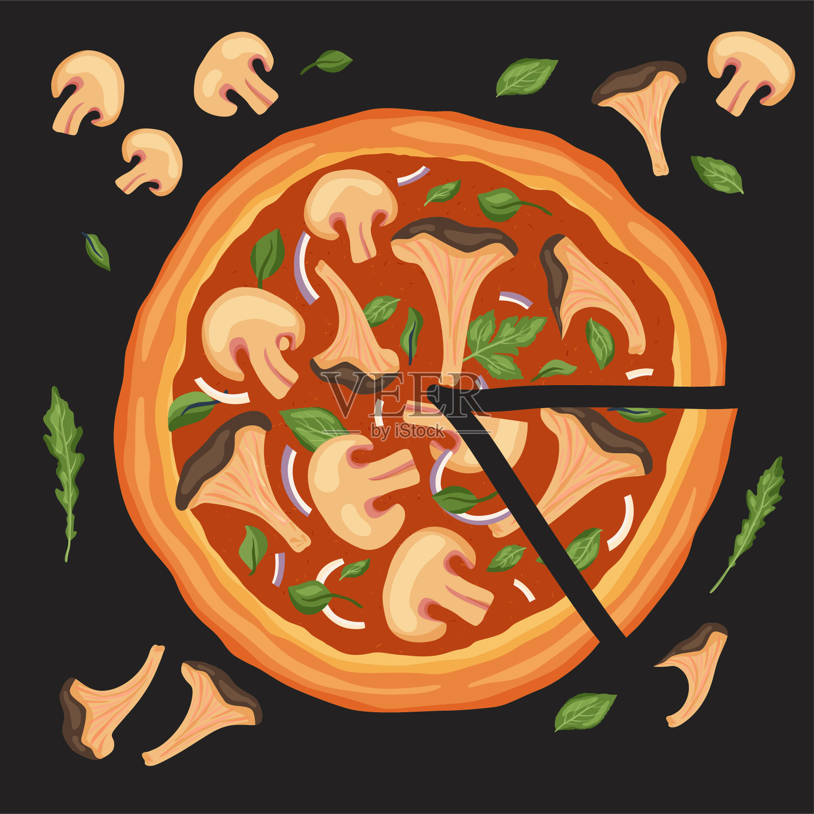 特写的披萨与鸡肉、 番茄、 玉米、 干酪、 蘑菇和香料。顶视图 — 图库照片©Mukhina1＃132493306