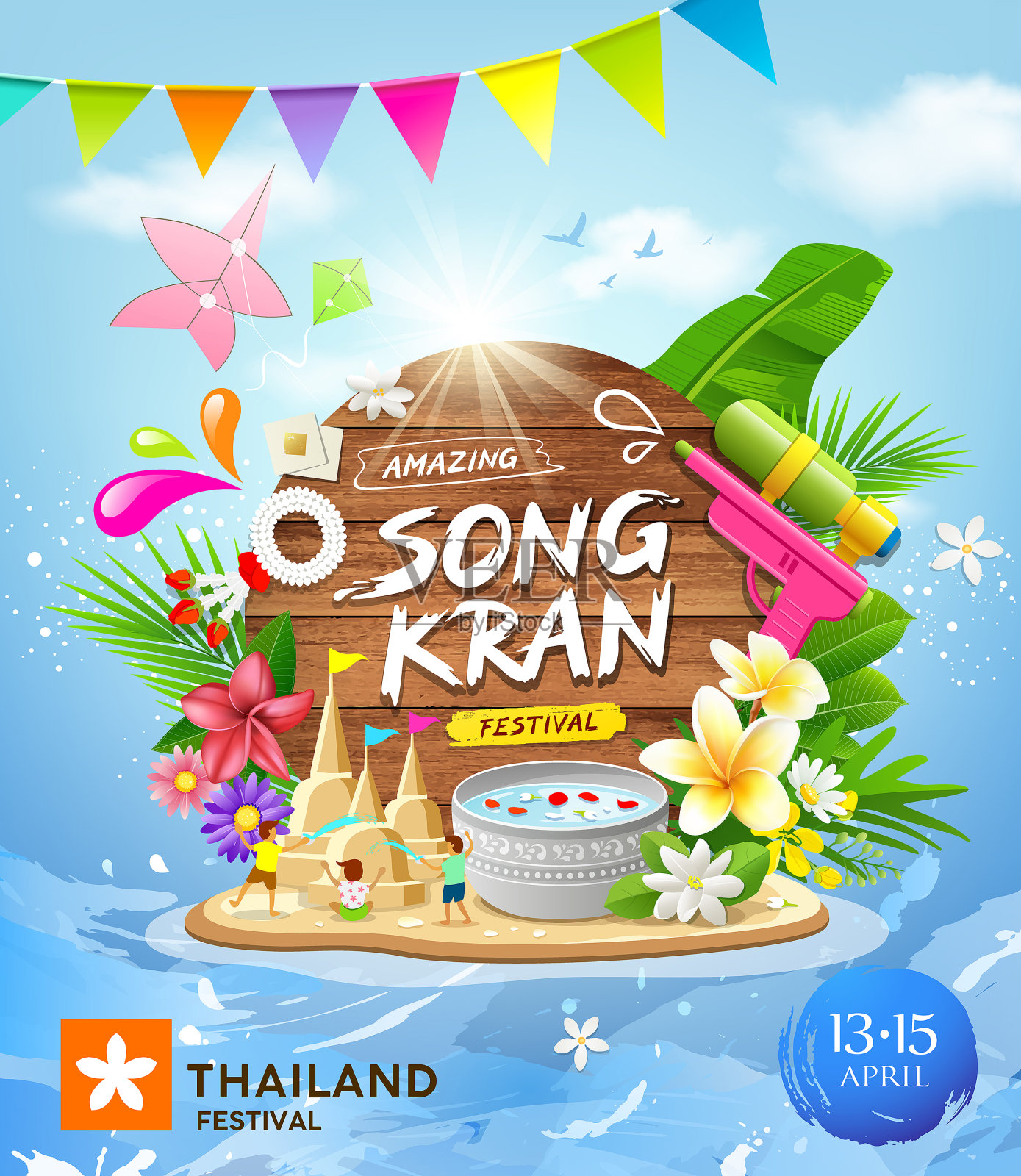 令人惊叹的泰国泼水节今年夏天的海报设计在水飞溅蓝色的背景插画图片素材