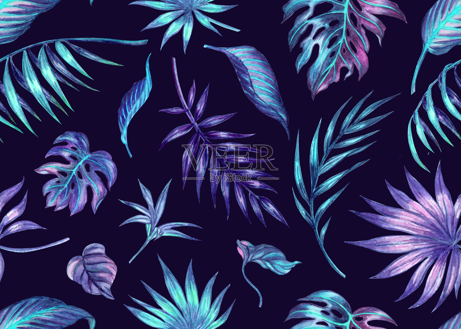 热带叶无缝图案在紫罗兰蓝色调插画图片素材