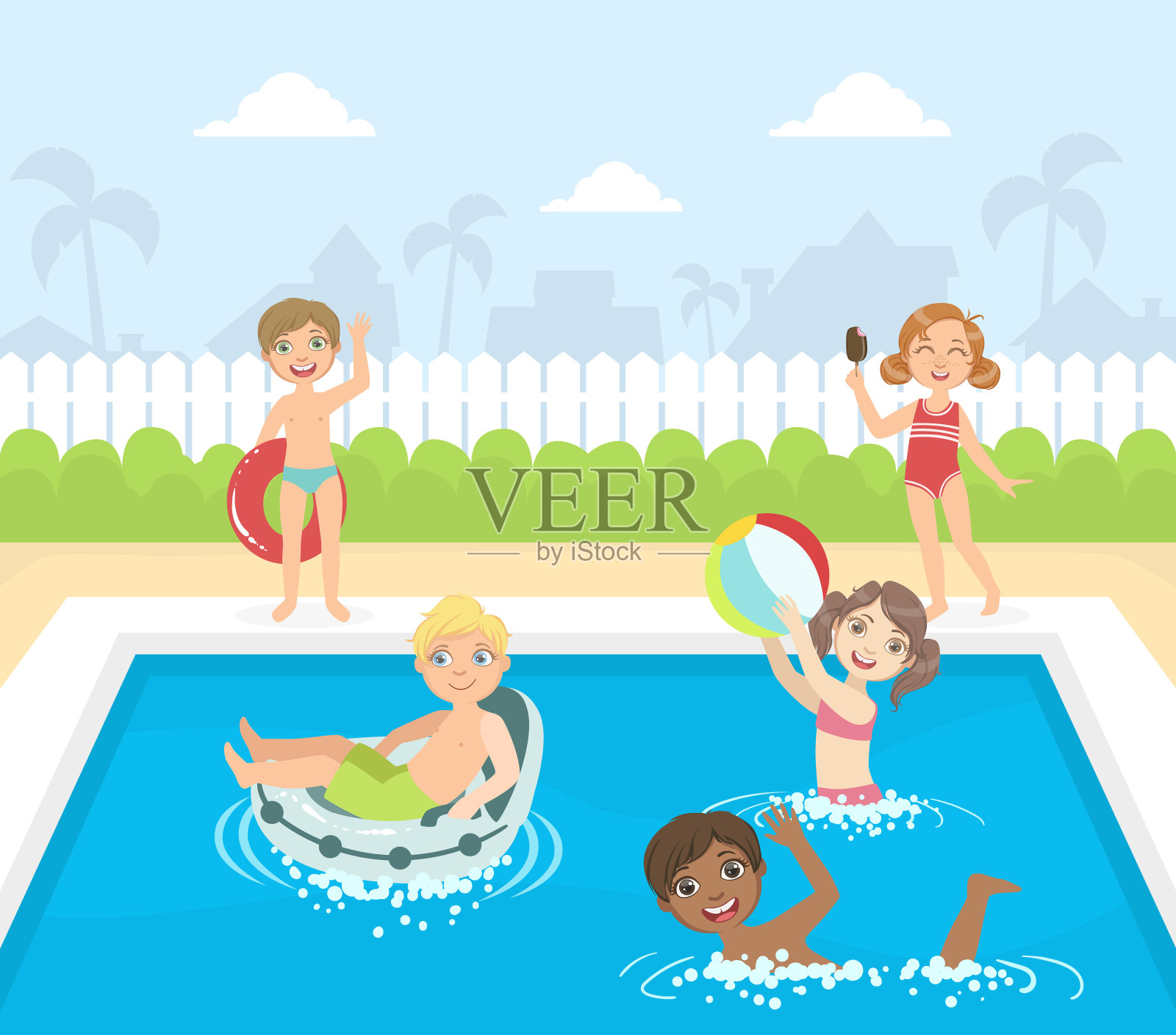 快乐的小男孩和女孩游泳和有乐趣在一个游泳池矢量插图插画图片素材