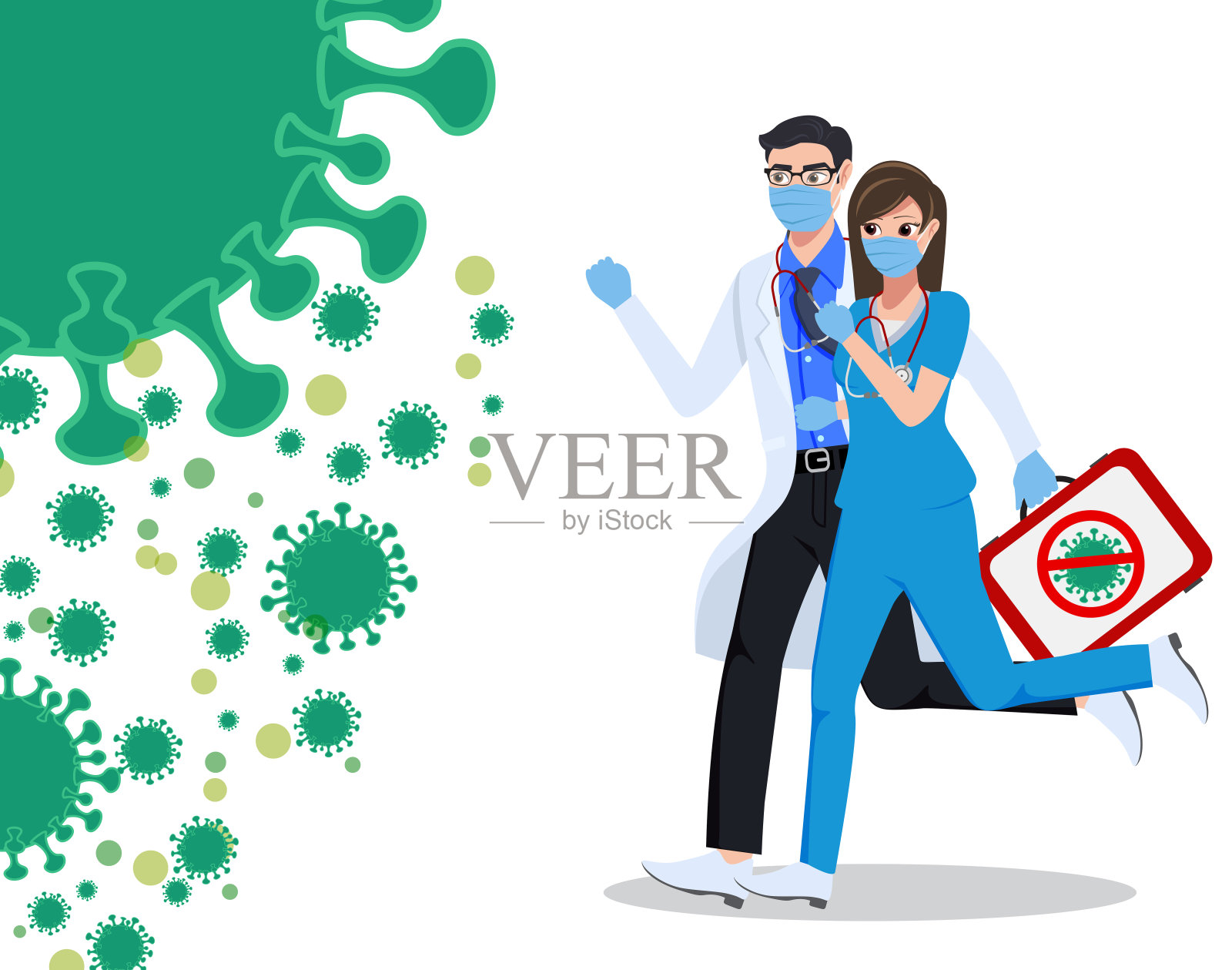 医疗前线人物矢量概念设计。医生和护士性格对抗冠状病毒插画图片素材