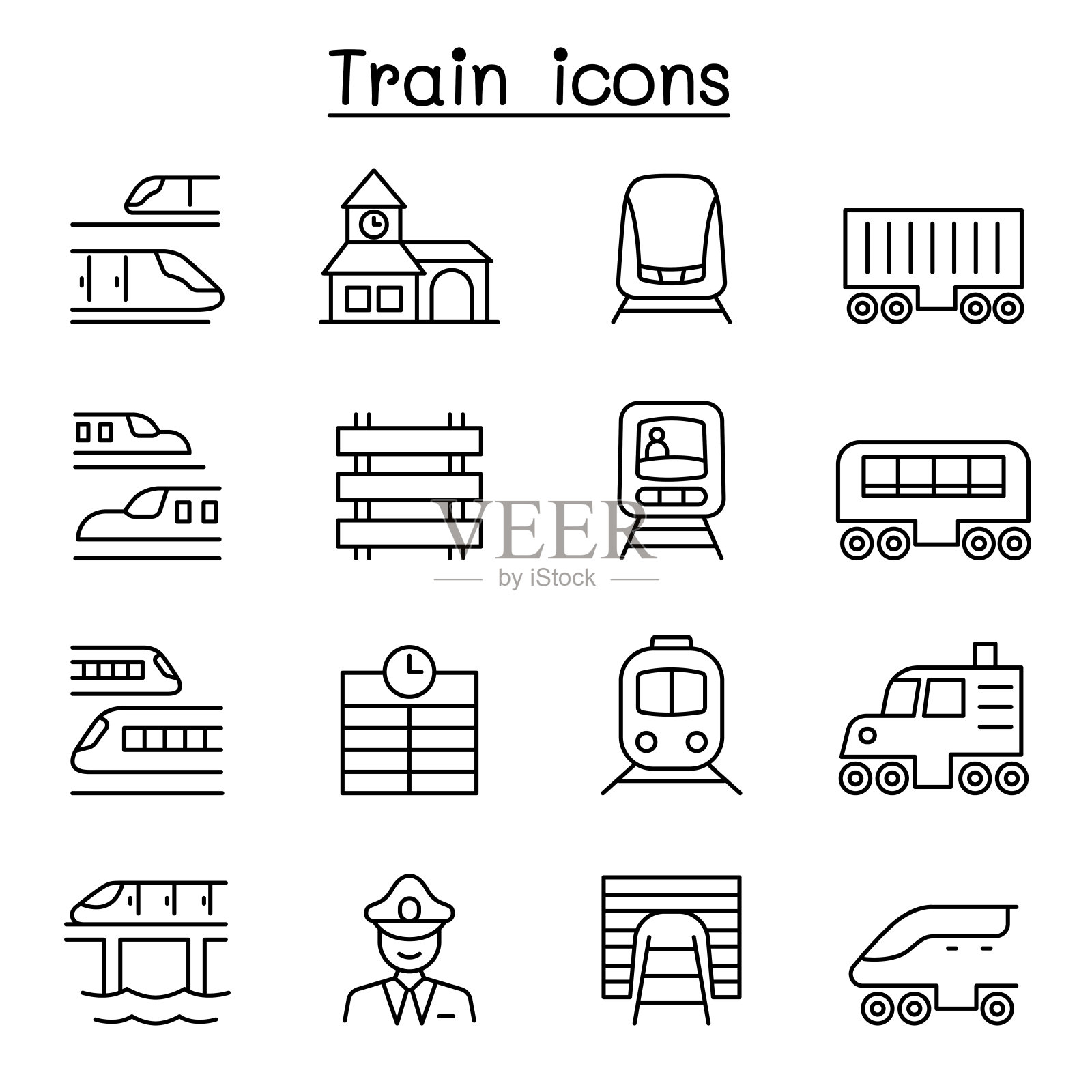 火车图标设置在细线风格图标素材