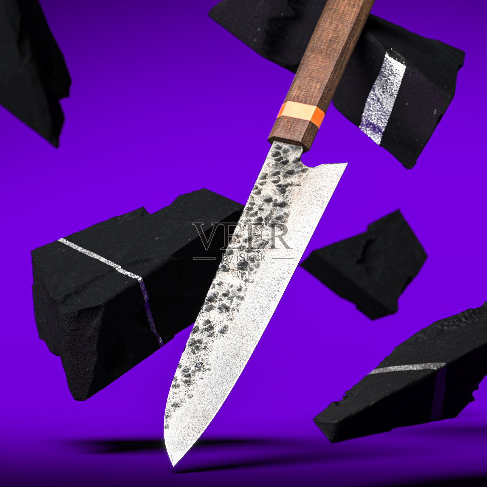 日本菜刀与剪切路径在紫罗兰背景附近悬浮的石头和树枝。3d渲染照片摄影图片