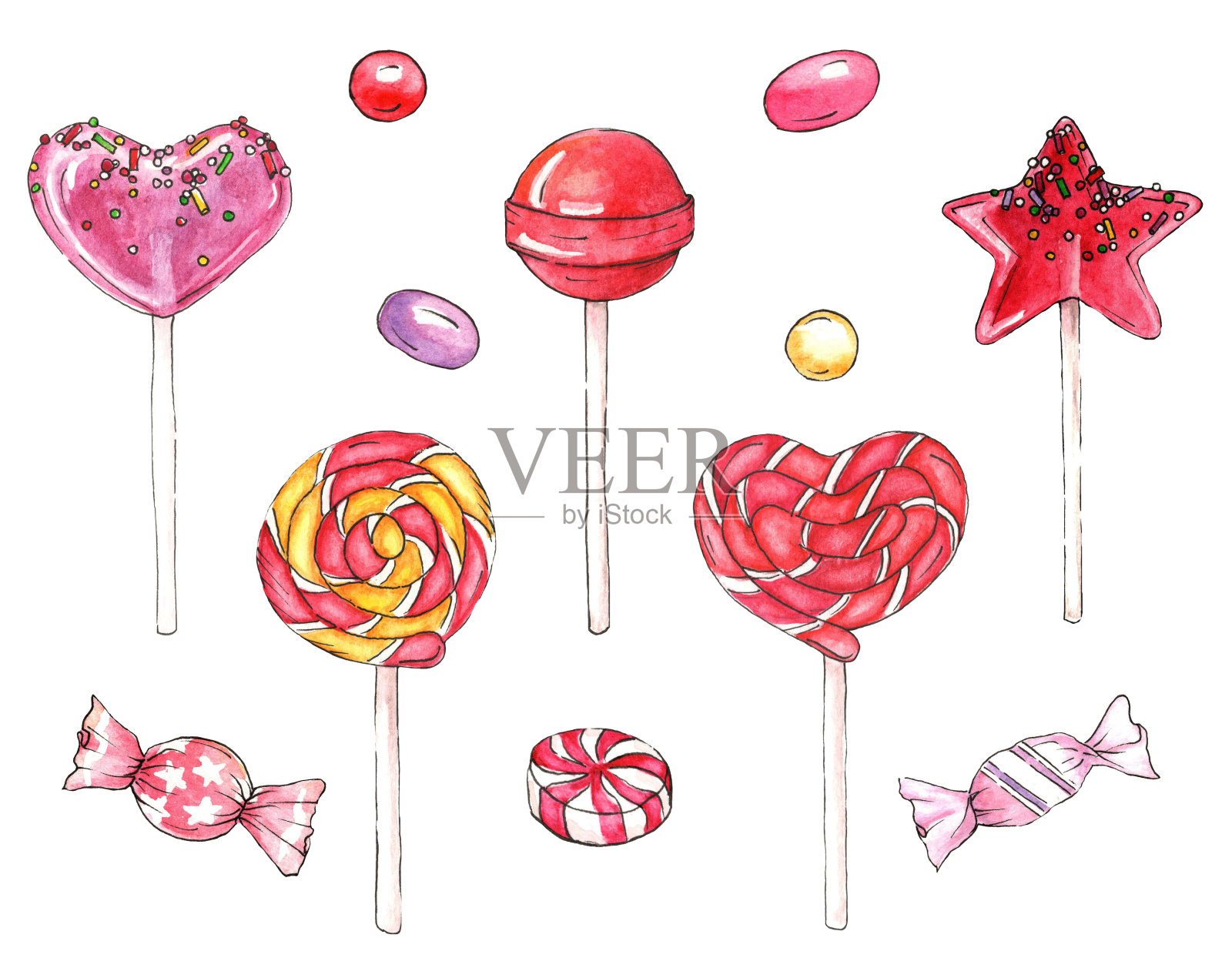 水彩糖果收集的棒棒糖和糖果。棒棒糖。手绘插图。设计元素图片