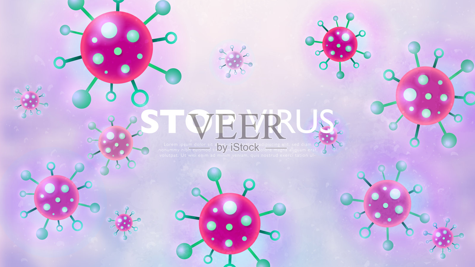 制止新型冠状病毒大流行的横幅。浅紫色背景上的抽象纹理病毒平面艺术微生物。医疗保健和微生物学概念。矢量设计插图模板。插画图片素材
