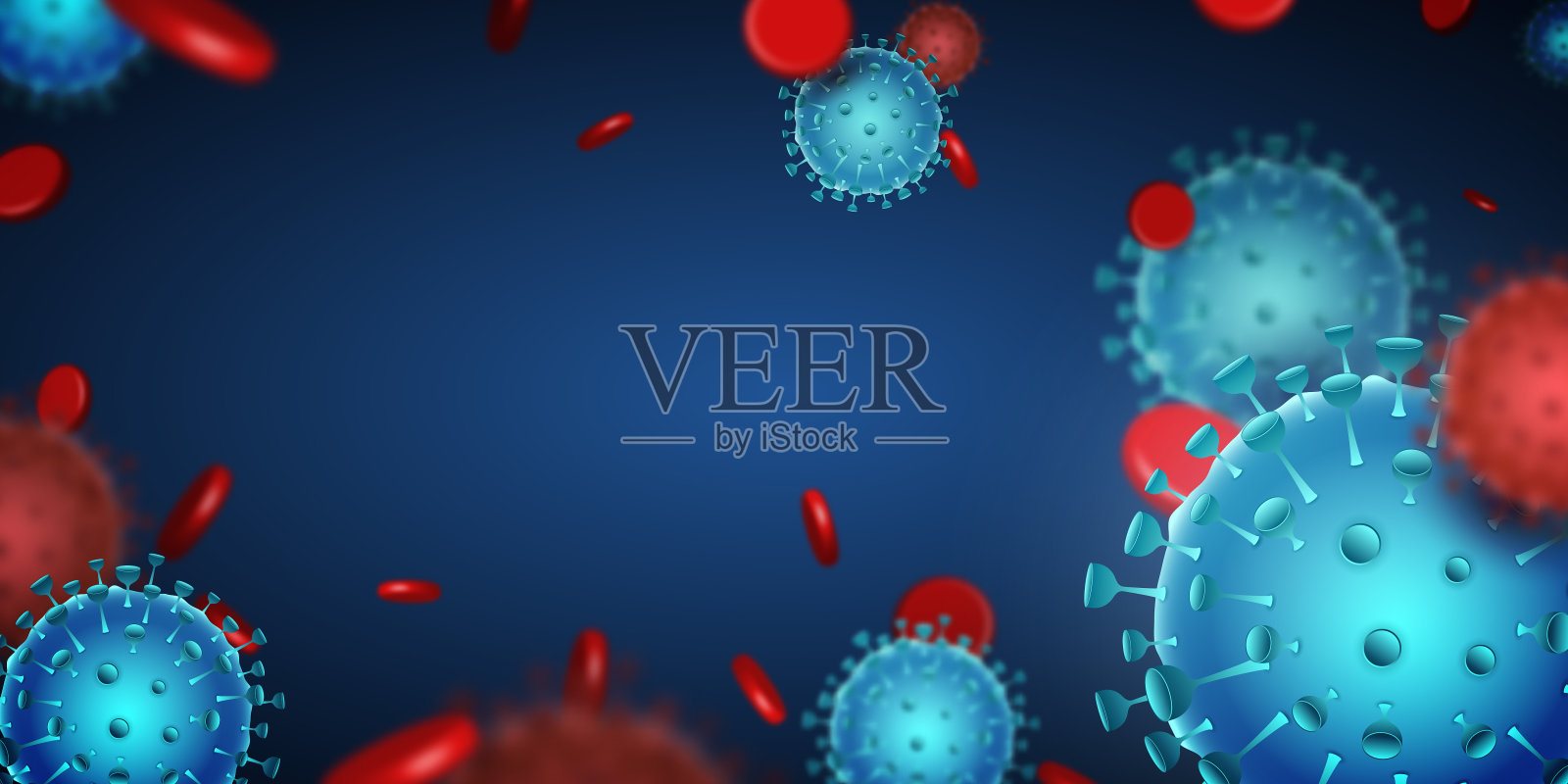 医疗保健背景与模糊的病毒和血液分子在蓝色背景。带有空白文本的冠状病毒或Covid-19横幅。矢量插图设计插画图片素材