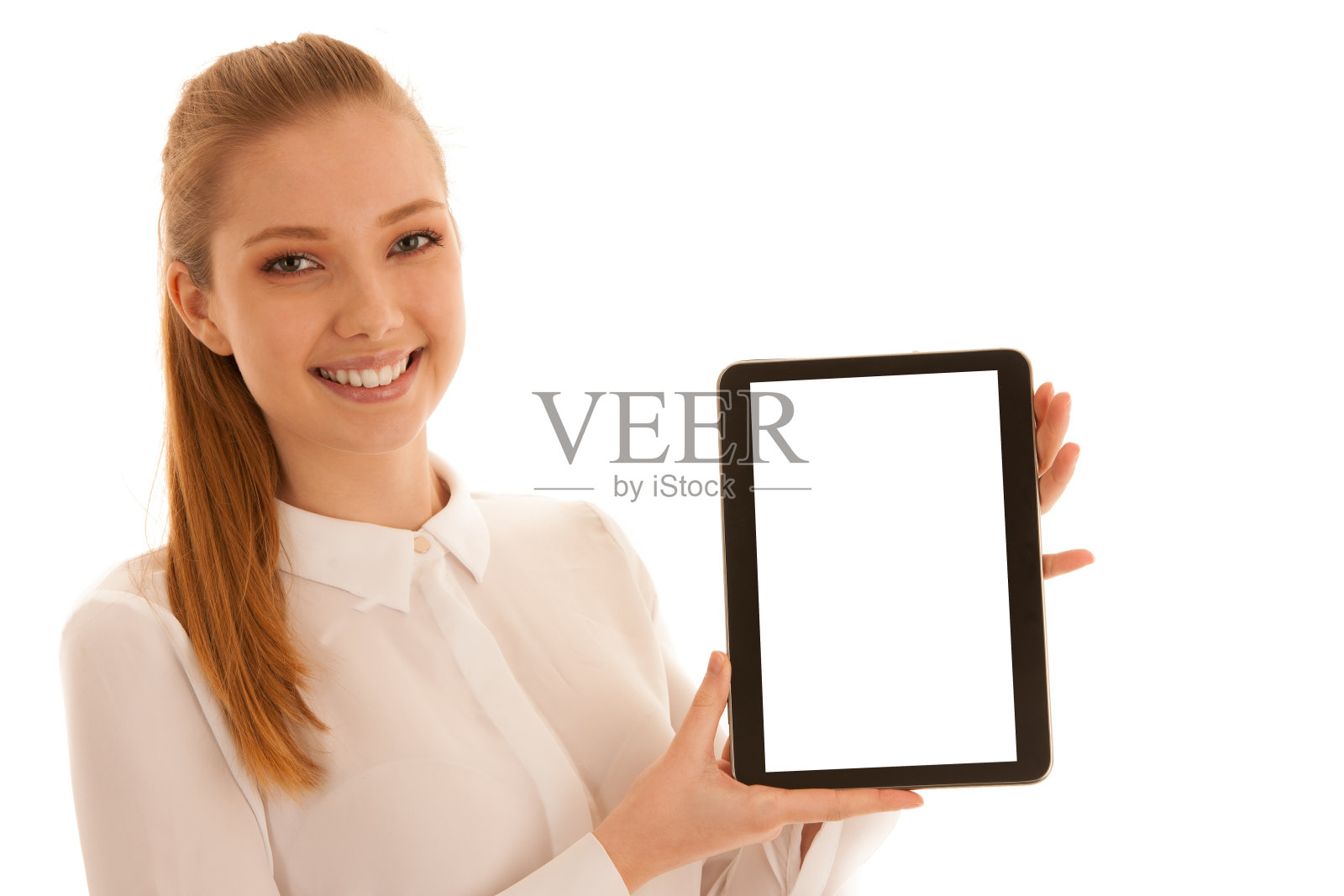 美丽的商业女性显示空白显示器平板电脑隔离在白色照片摄影图片