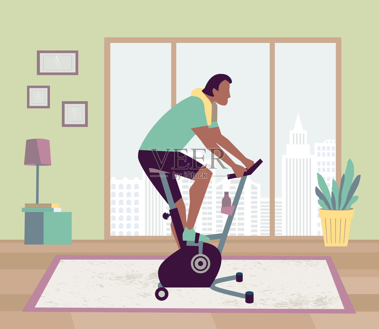 男人骑着固定自行车呆在家里矢量插画图片素材