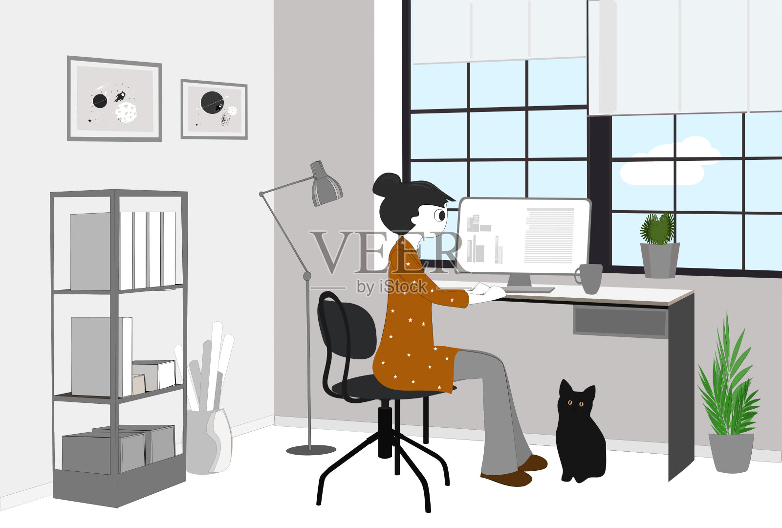 女性自由职业者在家用电脑工作插画图片素材