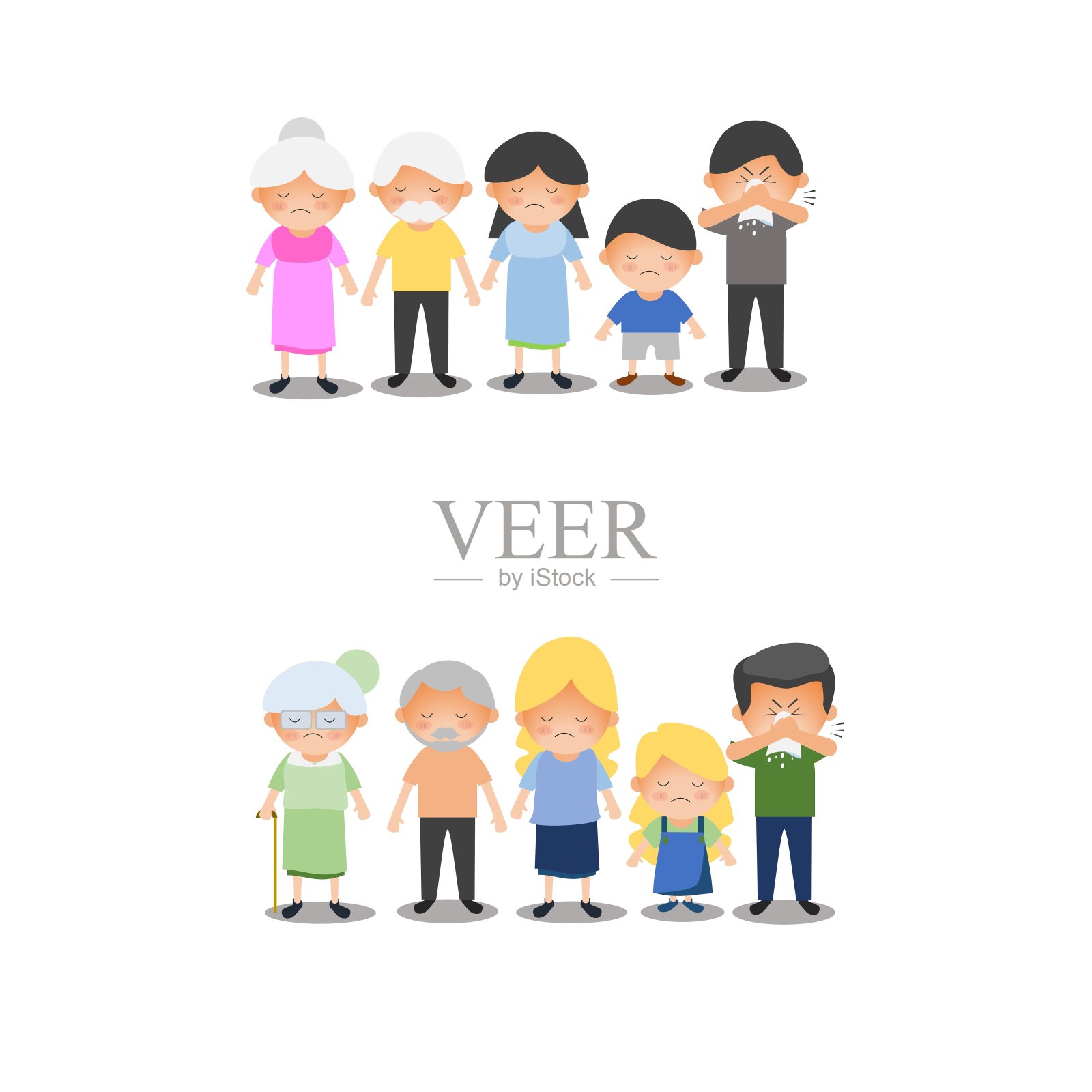 感冒和流感季节矢量卡通插图。病人的家庭和病人的性格在背景上是孤立的。插画图片素材