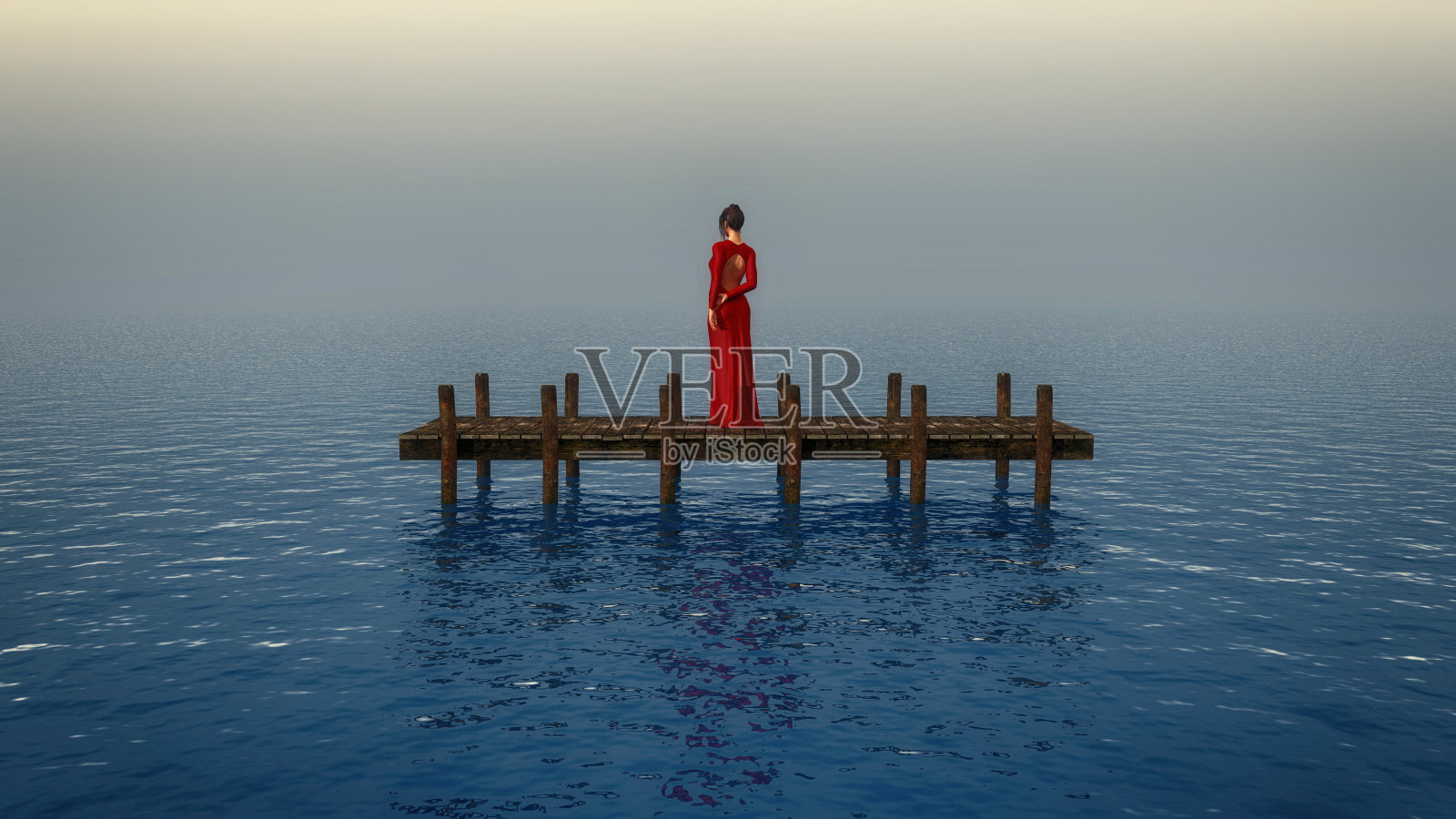 一个穿着红衣服的女人站在大海中央的一个浮筒上。这是一个3d渲染图。照片摄影图片