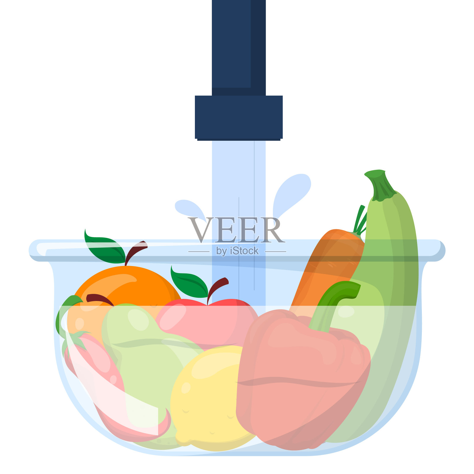 蔬菜和水果放在碗里，放在水下插画图片素材