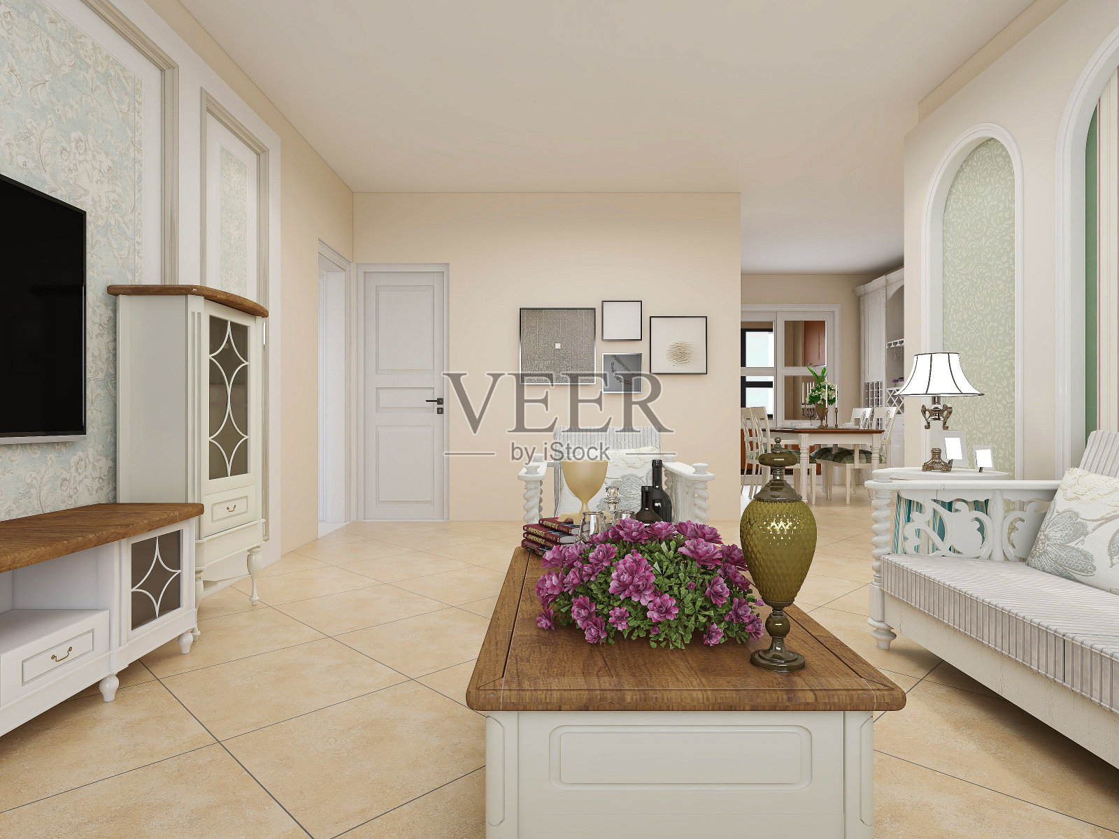 3d效果图，欧式风格的客厅，沙发和茶几，桌子上有绿色植物。照片摄影图片