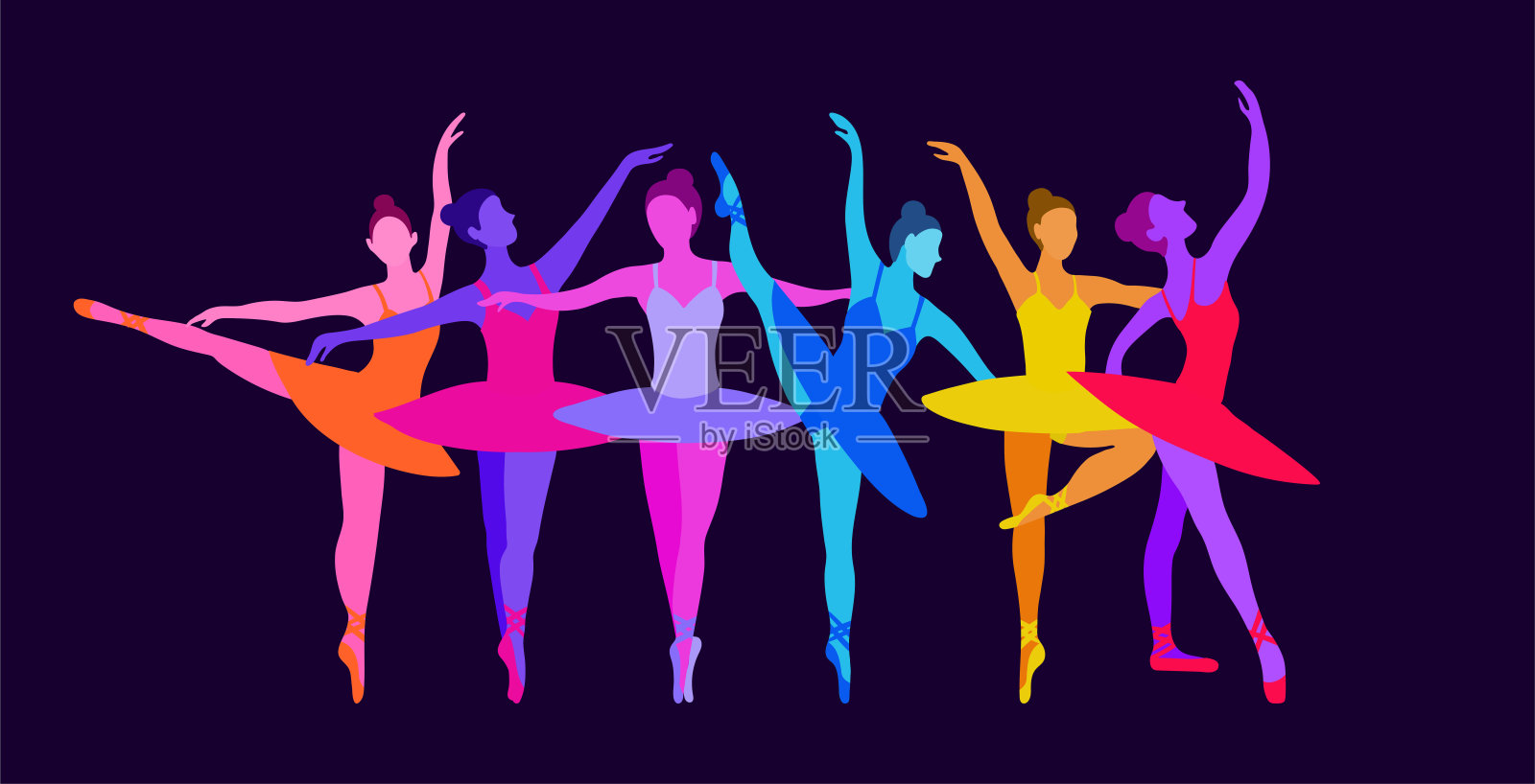 跳舞的女孩芭蕾舞者在霓虹灯的颜色在一个深蓝色孤立的背景。矢量插图的美丽的女人跳舞优雅的舞蹈在平面风格。插画图片素材