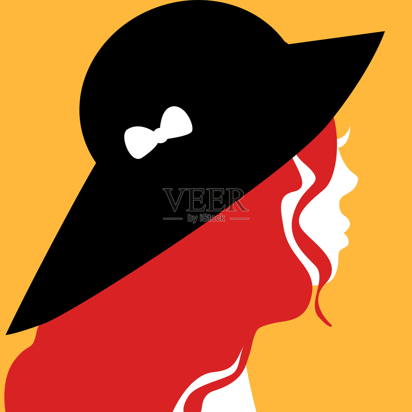 红发女孩戴着可爱的黑帽子。肖像。插画图片素材