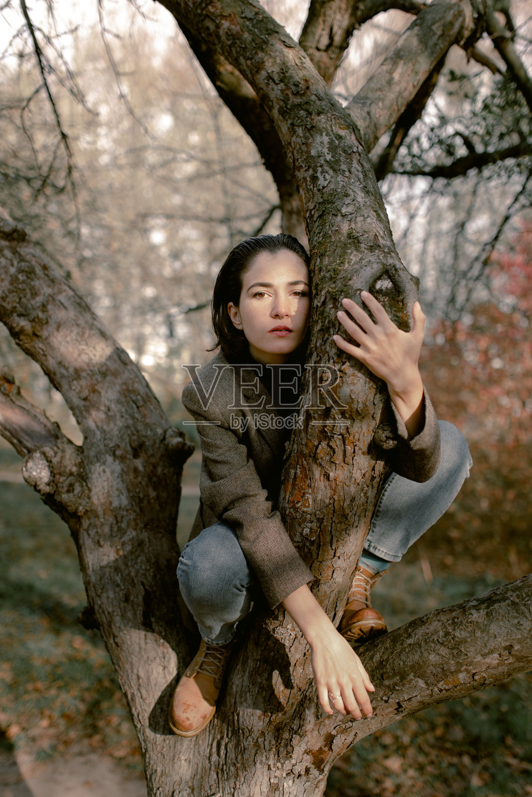 一个沉思的女人坐在森林的树上照片摄影图片