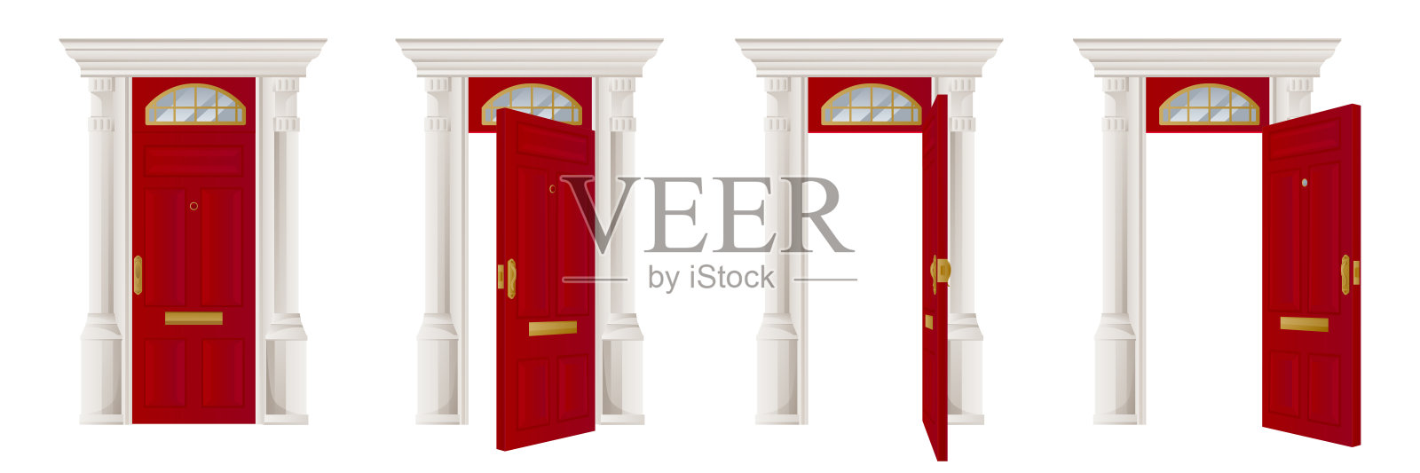 关闭，打开红色的门，孤立在白色的背景。家居入口、出口、室内设计元素。矢量图设计元素图片