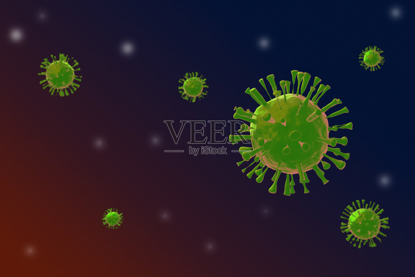2019冠状病毒病(Covid-19)，来自亚洲的呼吸道致病病毒3D图像-危险的亚洲冠状病毒-漂浮在空中的颗粒图像-复制空间照片摄影图片
