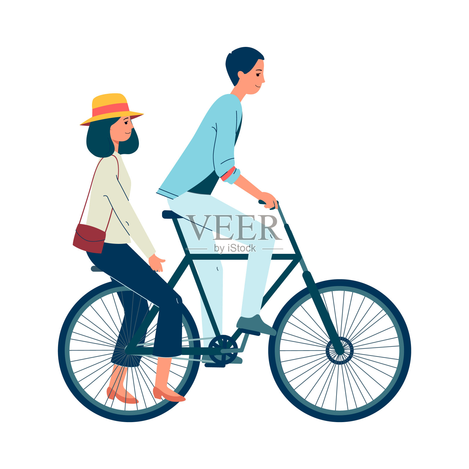 一对年轻人骑自行车平面卡通矢量插图孤立。插画图片素材